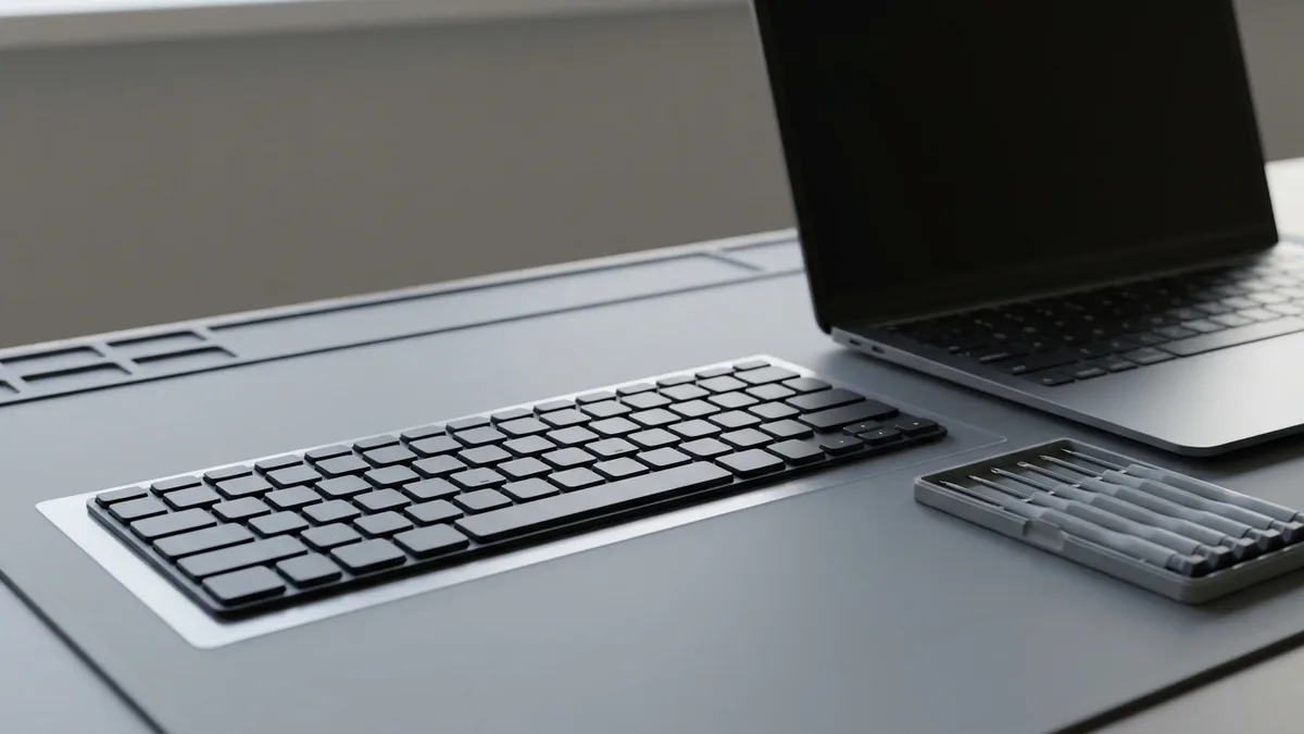 A replacement laptop keyboard unit on a service bench beside an opened laptop