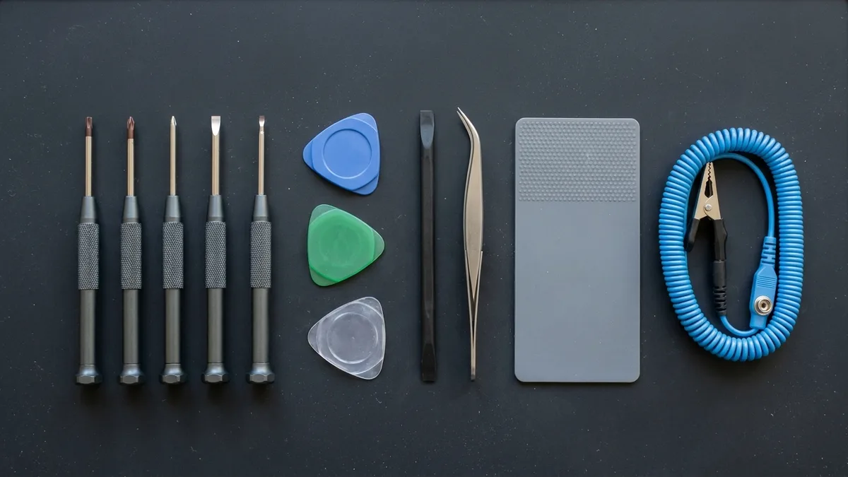 A flat top-down row of plain unbranded repair tools on a dark bench mat: five precision screwdrivers with visibly different tips, three plastic opening picks in blue, green and clear, a slim black spudger, fine curved tweezers, a grey heat pad and a coiled blue antistatic wrist strap.