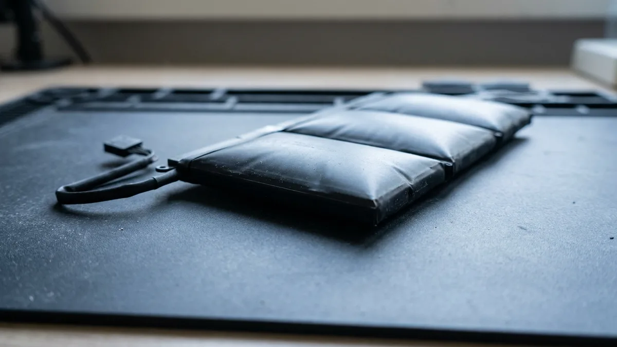 A swollen laptop battery lying alone on a dark bench mat, its flat black cells bulging upward into rounded domes so the pack no longer sits flat, with a short black lead and a plain connector folded across one end.