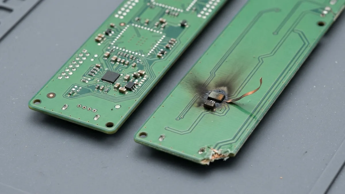 Two slim green circuit boards side by side on a grey bench mat: the one on the left clean and intact, the one on the right carrying a scorched dark burn around one small component, a lifted strip of copper trace and a chipped edge.