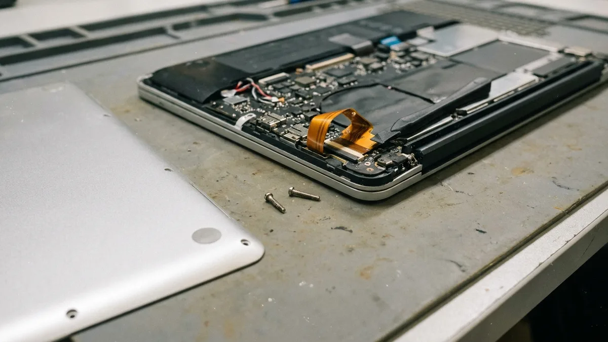 An opened silver laptop on a workbench with its bottom cover removed and set aside, two loose screws of visibly different lengths sitting on the exposed interior and an orange ribbon cable folded back on itself instead of seated in its socket.