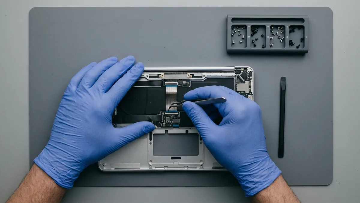 Seen from straight above, two blue-gloved hands work on an opened silver laptop lower case, visible only from the wrists forward: one steadies the frame while the other seats a flat ribbon cable into its socket with fine curved tweezers, beside a screw tray with the screws sorted into separate wells.