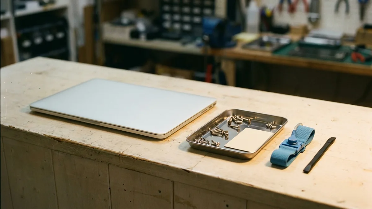 A closed silver laptop resting on a pale service counter beside a small stainless tray of sorted screws and a blank unprinted card, with a coiled blue antistatic wrist strap and a plain black spudger set neatly to one side and a softly blurred workshop behind.