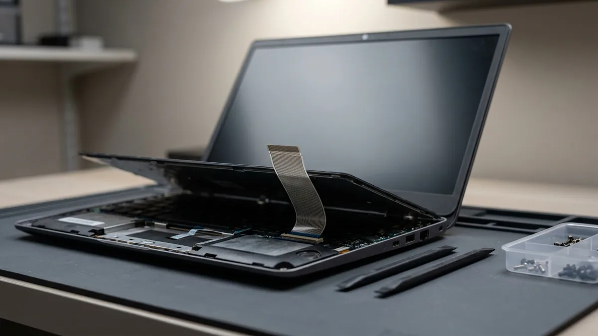 A laptop open on a repair bench with its keyboard panel lifted clear, the flat ribbon cable that joins the keyboard to the mainboard still attached