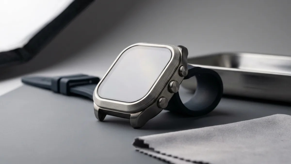 Brushed titanium squircle smartwatch case standing on its edge on a workbench mat, strap detached