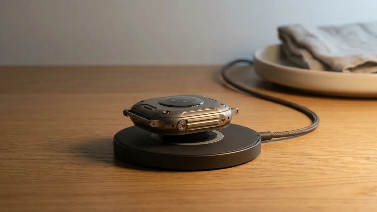 Smartwatch lying face-down on a round wireless charging puck with its contact ring aligned