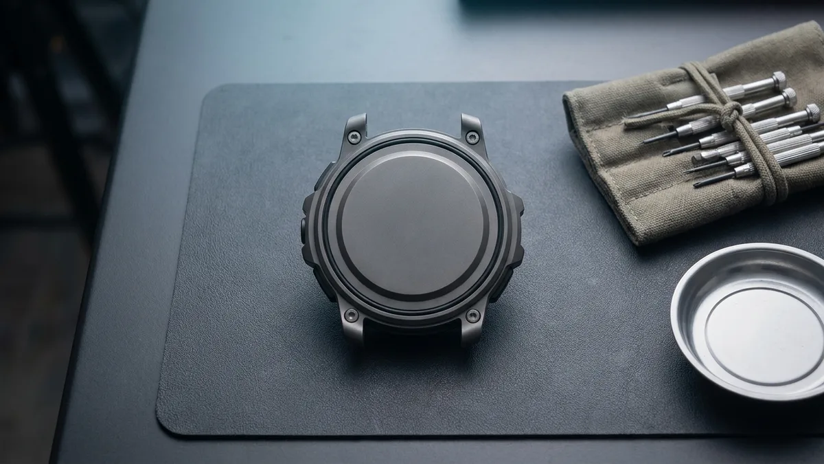 Sealed smartwatch case-back facing up beside a roll of precision screwdrivers still tied shut