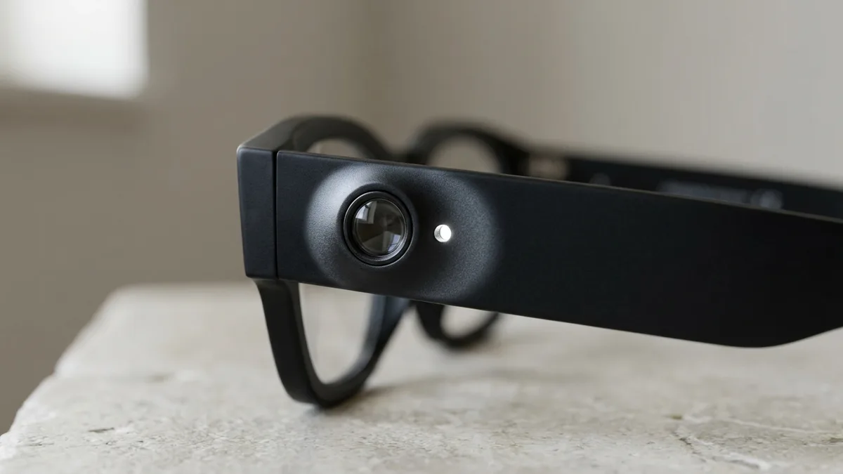 Extreme close-up of a smart glasses temple arm showing the small camera lens beside a lit white privacy indicator light