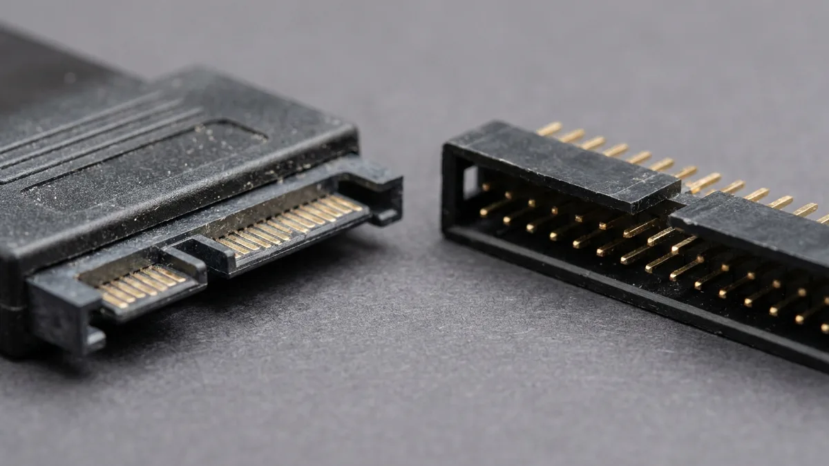 Extreme close-up of two drive connectors on a plain grey surface: on the left the flat black SATA data and power connector, on the right a wider two-row black header carrying dozens of gold IDE pins.