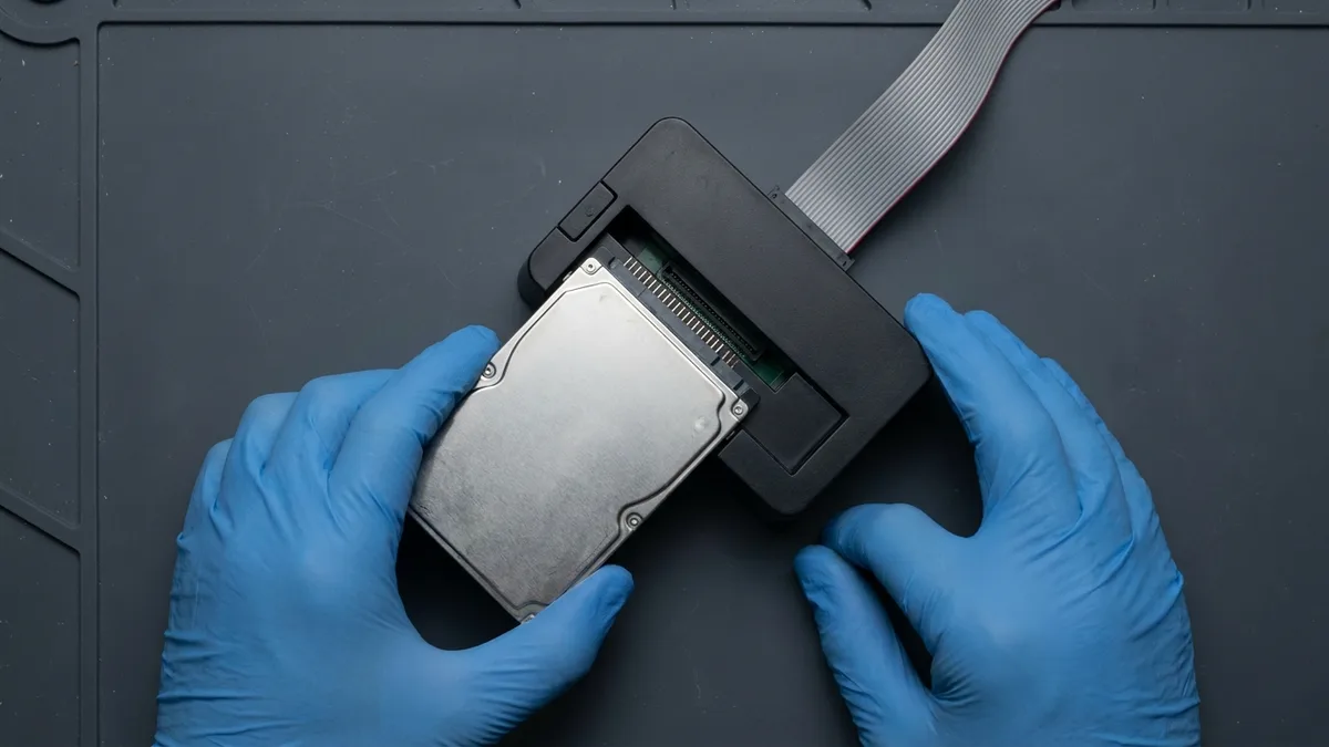 Seen from directly above, two blue-gloved hands, visible only from the wrists forward, seating a bare 2.5-inch drive into a plain black bench-top docking adapter on a dark mat, with a flat grey ribbon lead running off to one side.
