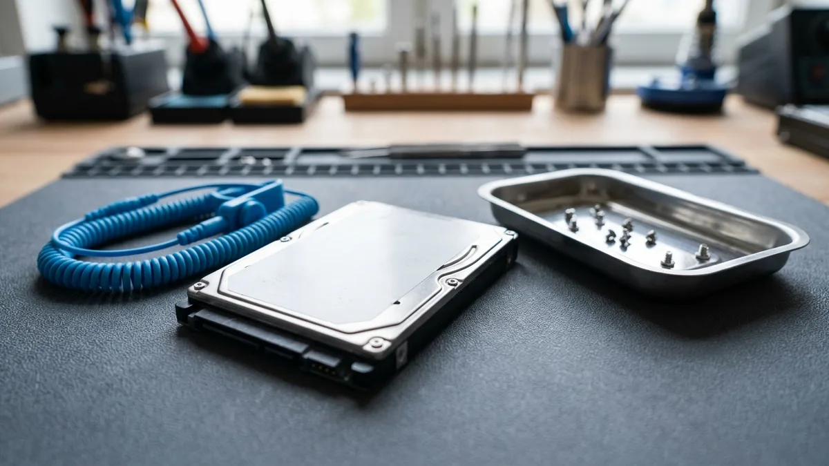 A bare hard disk resting on a dark antistatic mat beside a coiled blue antistatic wrist strap and a small stainless tray holding loose screws, with a tidy workshop bench softly blurred behind.