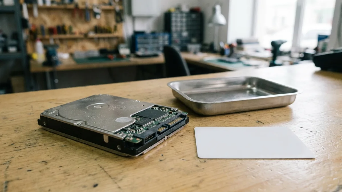 A hard disk lying circuit-board side up on a wooden bench beside an empty stainless tray and a blank unprinted white card, with a workshop softly blurred behind.