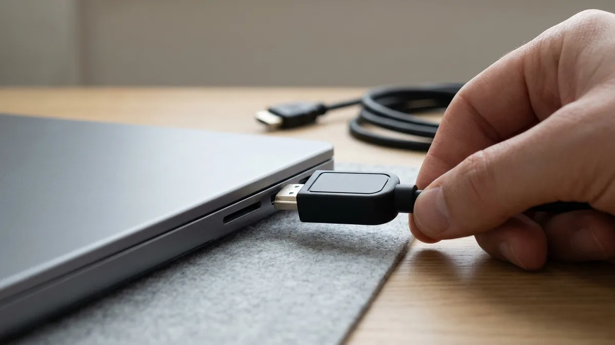 A hand pushing a black cable connector into a port on the side of a silver laptop, with a coiled HDMI cable resting on the desk behind it