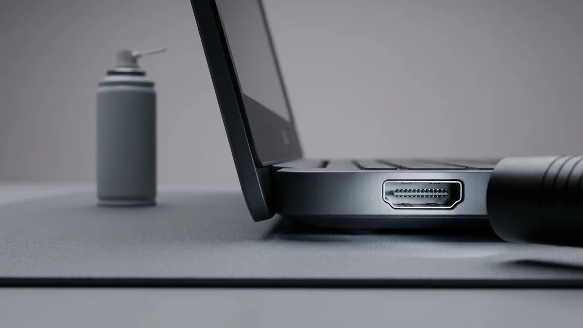 Torch beam lighting the row of contact pins inside an empty HDMI port on a laptop chassis