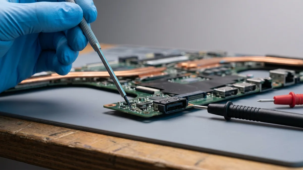 Gloved technician working with a fine screwdriver beside the display-output connector on a laptop mainboard
