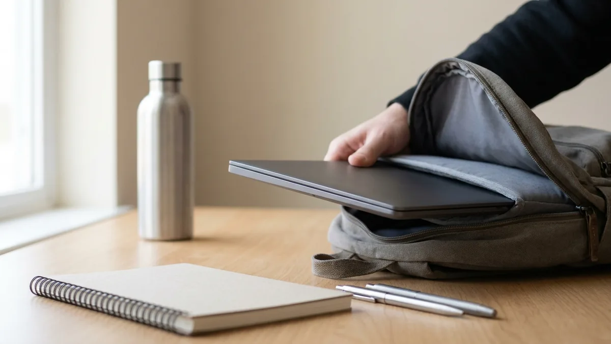 Unbranded laptop closed on a study desk beside notebooks and a backpack, ready for a commute
