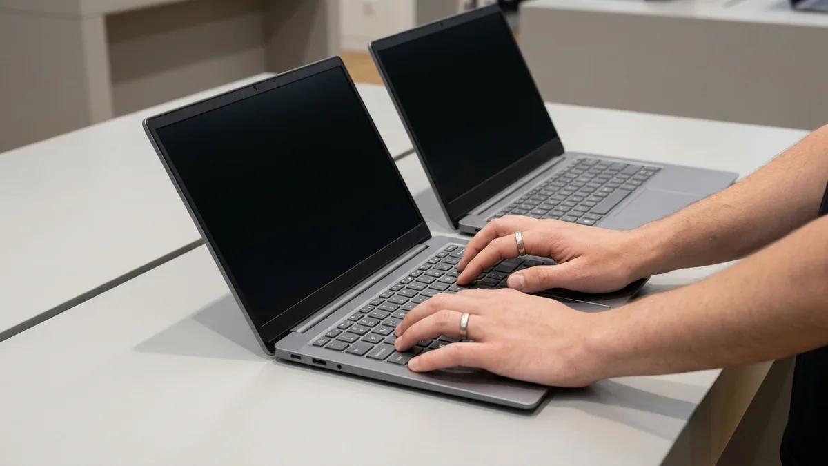 Two unbranded thin laptops side by side on a plain counter, hands comparing the keyboards