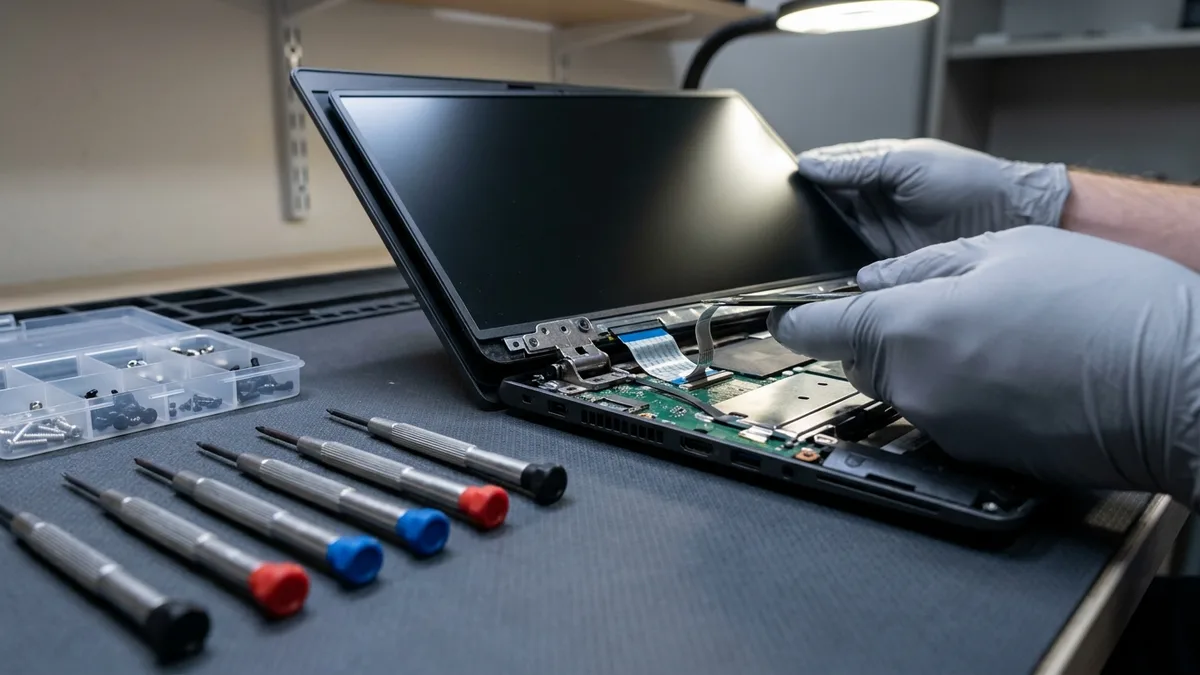 Technician's bench with an opened unbranded laptop, screen dark, hinge and screen panel exposed