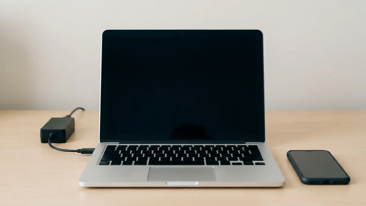 An open laptop facing the camera with its screen off, a charger plugged in and a phone lying beside it on a desk