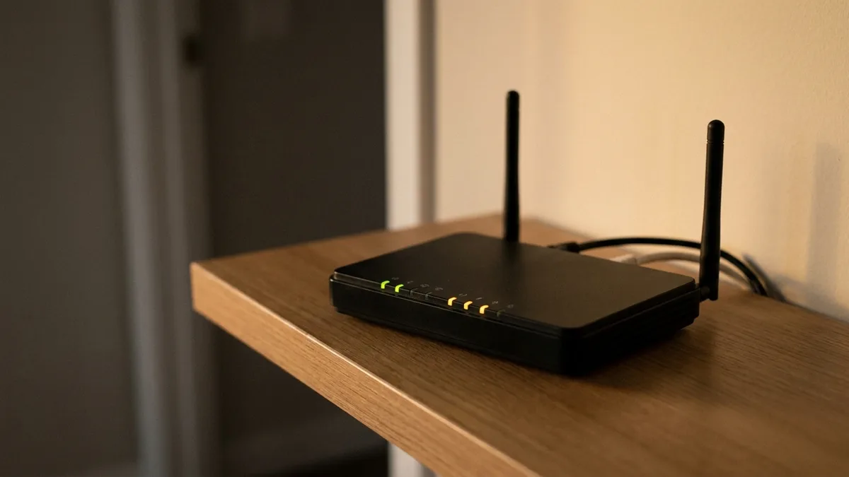 A small home wireless router on a shelf, aerials raised, indicator lamps glowing green and amber, cables behind