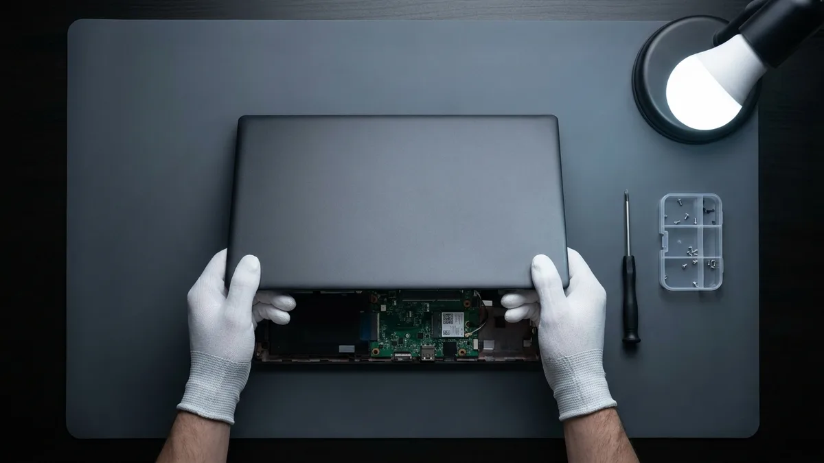 Gloved hands lifting the back cover off a face-down laptop on an anti-static mat, its mainboard exposed
