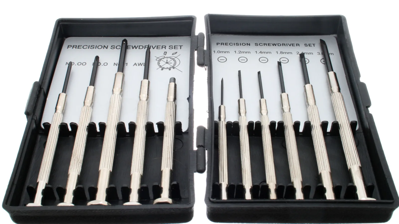 Sebuah kotak hitam berlabel Precision Screwdriver Set berisi sebaris pemutar skru presisi krom jenis Phillips dan kepala rata