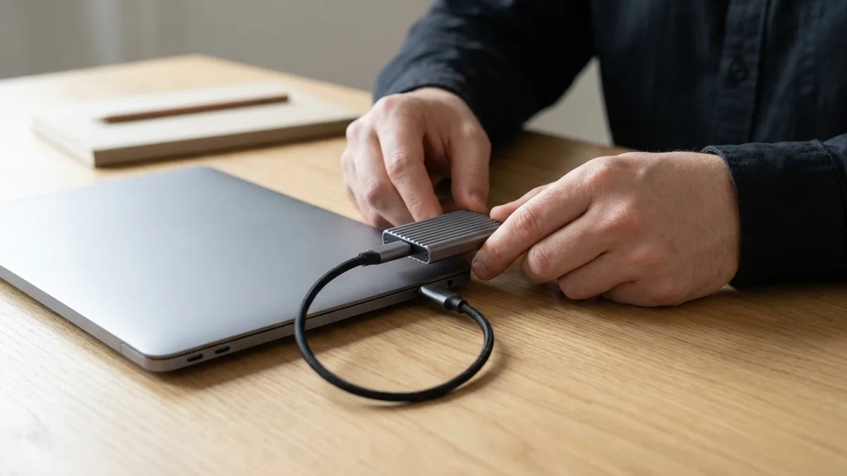 Hands connecting a portable SSD to a closed laptop to back up files before a factory reset