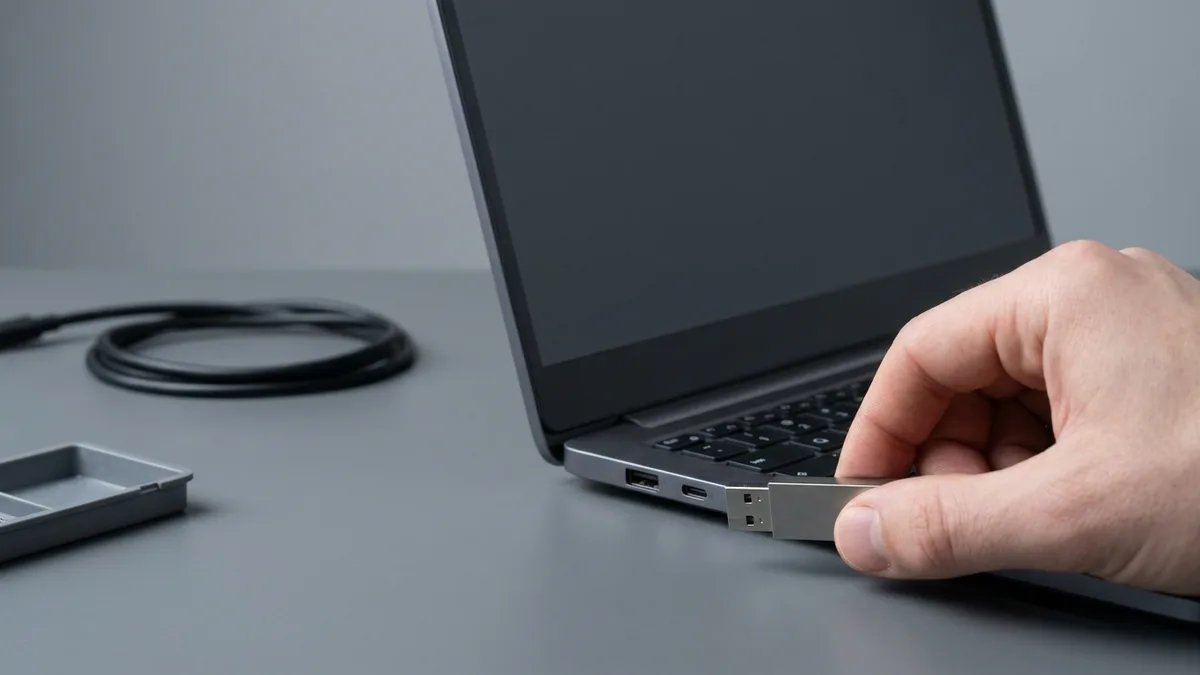 A hand holding a plain silver USB flash drive up to the ports on the side of an open laptop, with an empty parts tray and a coiled cable on the desk