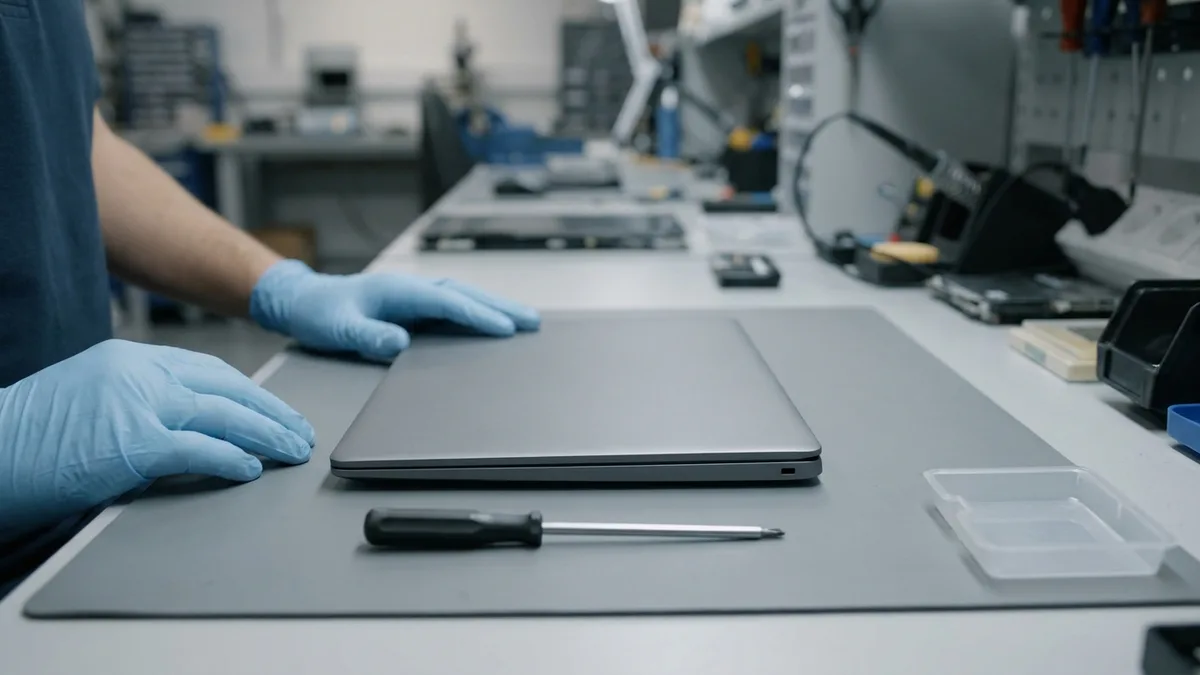 Technician in gloves setting a laptop onto an anti-static mat at a repair bench after a reset