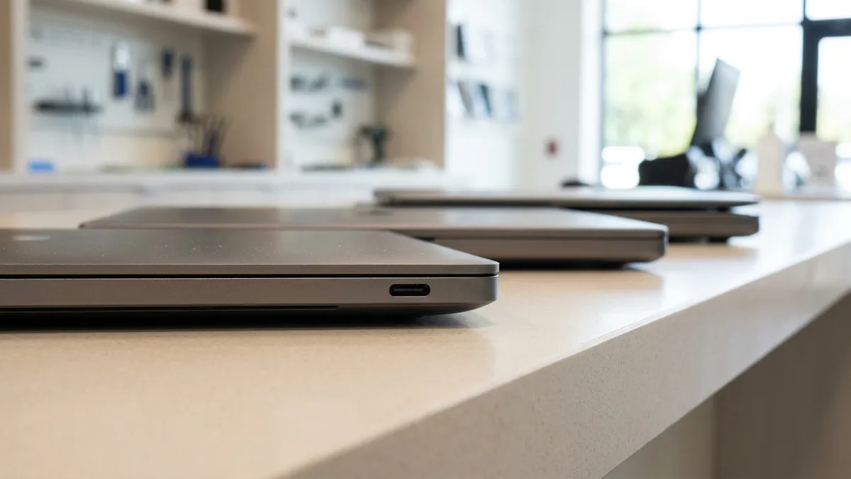 Three slim closed dark grey laptops lying in a line along a pale counter, seen at counter level along their side edges, a plain USB-C port cut-out on the nearest one, a bright workshop out of focus behind.