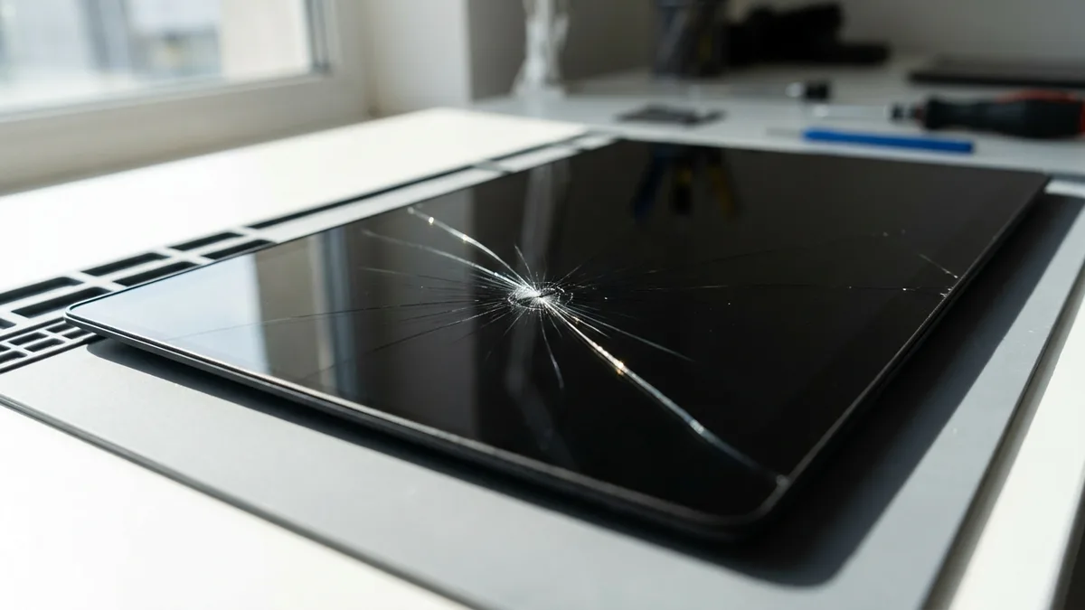A laptop lying open on a white bench with its display switched off and black, a single impact point at the centre of the glass radiating fine fracture lines that catch the light from a window, its blank unmarked keys just in frame at the left.
