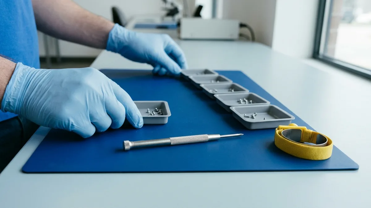 Hands in pale blue gloves setting small grey parts trays holding tiny silver screws into a row along a deep blue anti-static mat, with a polished precision screwdriver and a yellow grounding wrist strap laid out beside them.
