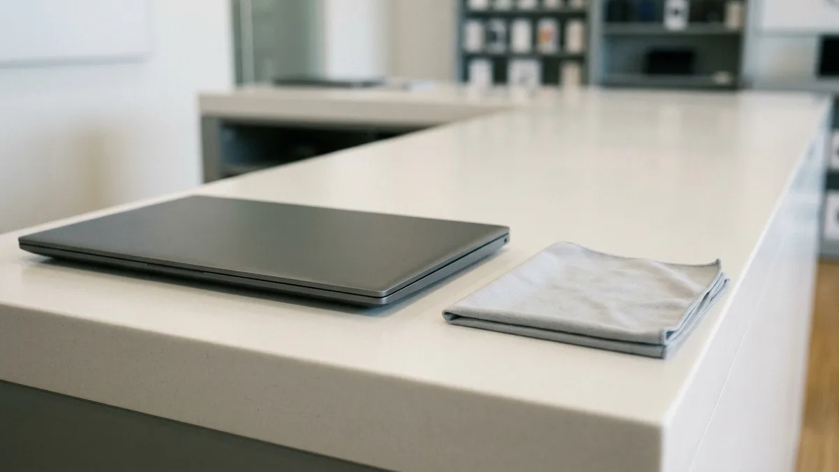 A single slim closed dark grey laptop squared up on a spotless pale counter beside a neatly folded pale grey microfibre cloth, the bright shelving of a service centre out of focus behind.