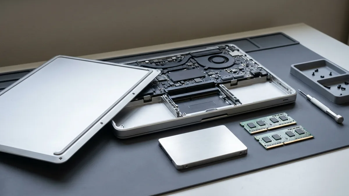 An older aluminium laptop opened underside-up on a workbench with its bottom panel removed, a bare solid-state drive and two memory modules laid out on the anti-static mat beside it