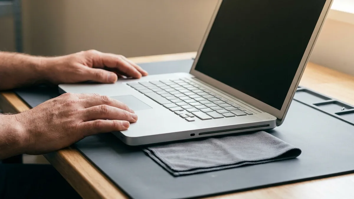 Hands resting either side of an older aluminium laptop open on a dark desk mat, its screen switched off and a microfibre cloth under the front edge