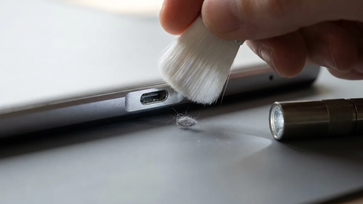 A soft brush lifting a tuft of pocket lint clear of the charging port on the bottom edge of a tablet, with a small torch beside it on a repair mat