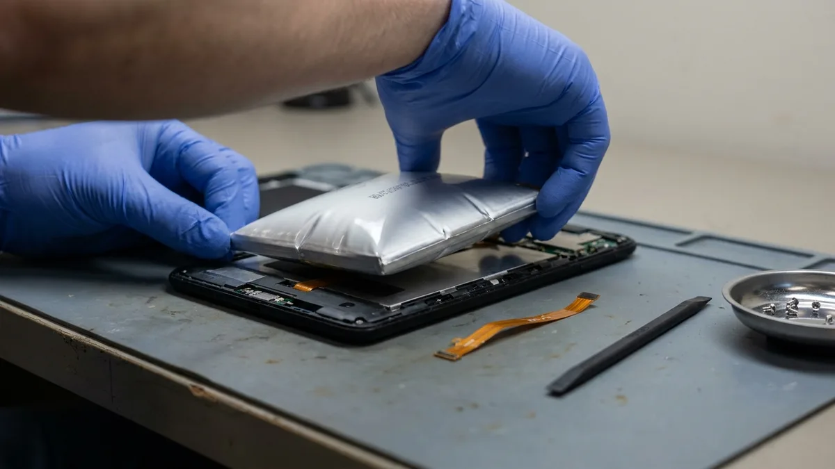 Gloved technician's hands lifting a visibly swollen, domed pouch battery cell out of an opened tablet on a workshop bench, its ribbon connector already detached