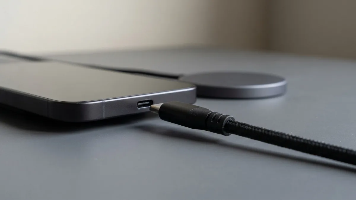 一根 USB-C 数据线插在智能手机底部接口上，桌面后方放着一个圆形磁吸无线充电器。