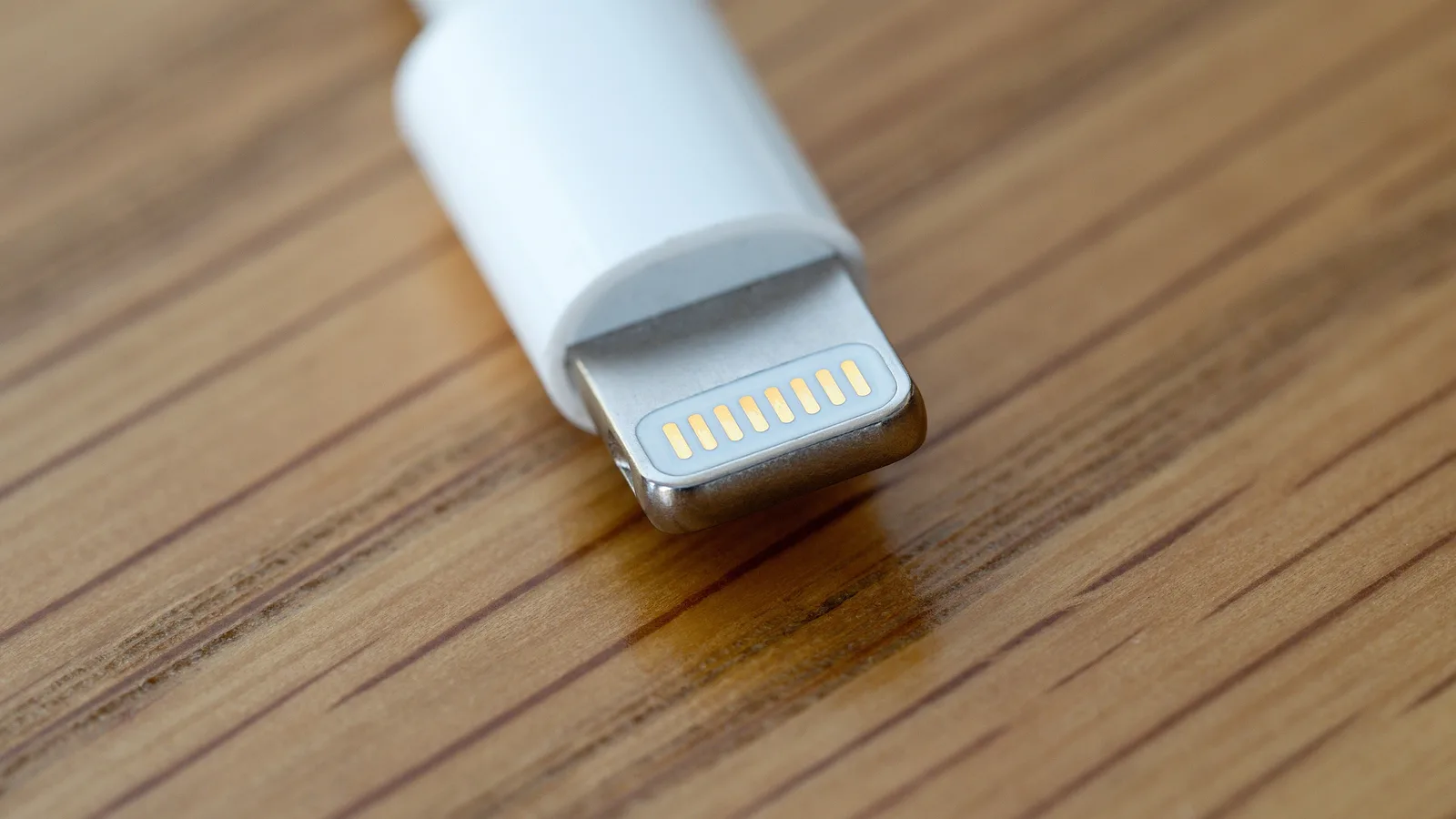 Close-up of the metal tip of a white Lightning cable, its row of gold contact pins facing up, resting on a wood-grain surface