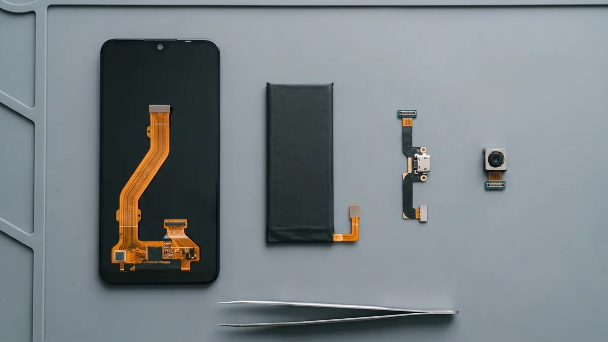 从上方拍摄的工作台上并列摆放的四个智能手机更换零件：一块未开机的屏幕总成、一块扁平电池软包、一条细长的充电端口排线，以及一颗单镜头小摄像头模组。