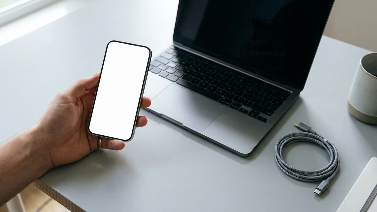 Tangan memegang telefon pintar berskrin putih kosong di sebelah komputer riba dan kabel USB-C untuk mod pemulihan