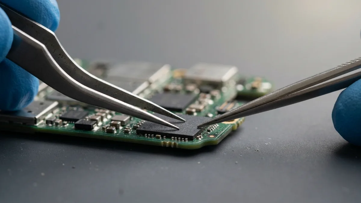 Two pairs of fine tweezers held in blue-gloved hands over a black storage chip on a green smartphone logic board