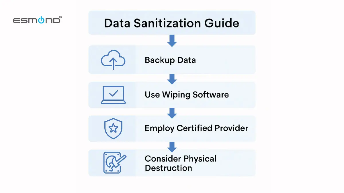 Panduan sanitasi data Esmond: empat langkah mengikut urutan — sandarkan data, guna perisian pemadaman, gunakan penyedia bertauliah, kemudian pertimbangkan pemusnahan fizikal. Pada SSD, pemadaman mesti menggunakan arahan sanitize pemacu itu sendiri atau pemadaman kriptografi