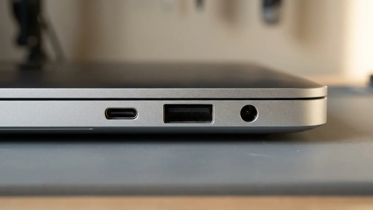 Gambar dekat sepanjang tepi casis komputer riba menunjukkan tiga bukaan port kosong bersebelahan: potongan USB-C bujur, potongan USB-A rata yang lebih lebar dan soket pengecasan bulat kecil.