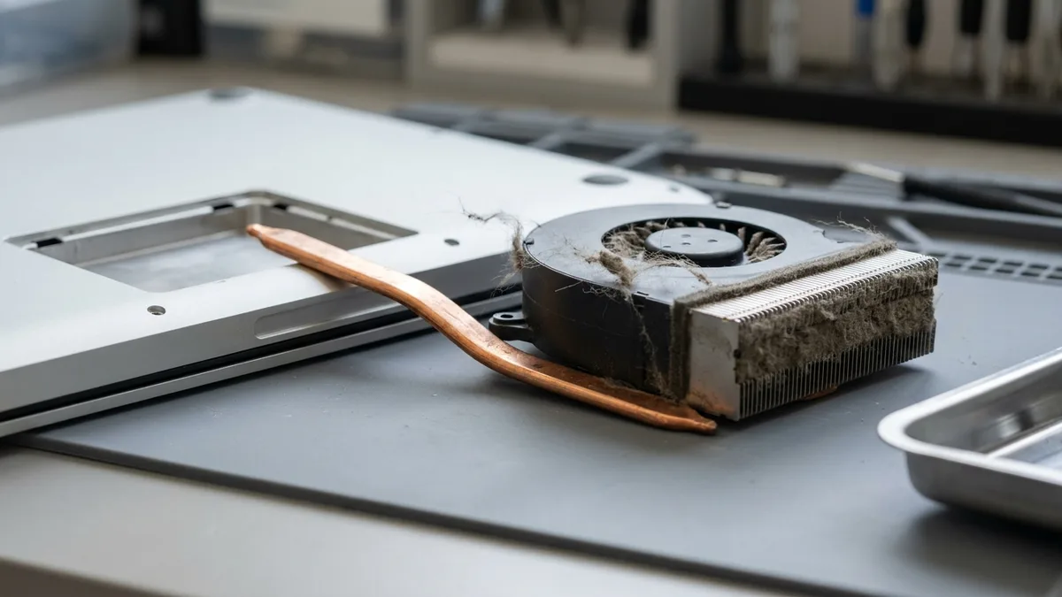 Pemasangan penyejuk komputer riba yang dikeluarkan dan diletakkan di atas meja: paip haba tembaga menyambungkan perumah kipas kepada susunan sirip aluminium nipis yang tersumbat sepenuhnya oleh lapisan habuk padat.