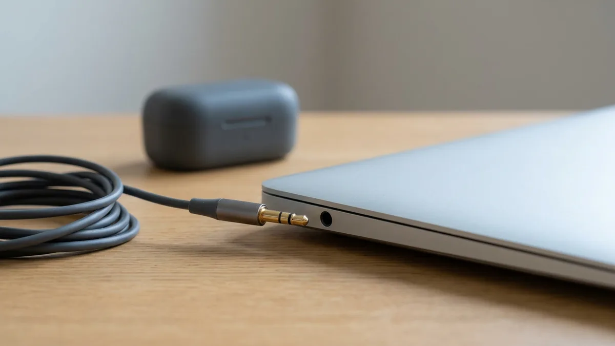 Laptop sound settings shown as a physical output-device choice, with a headphone plug resting beside the audio jack of a closed laptop
