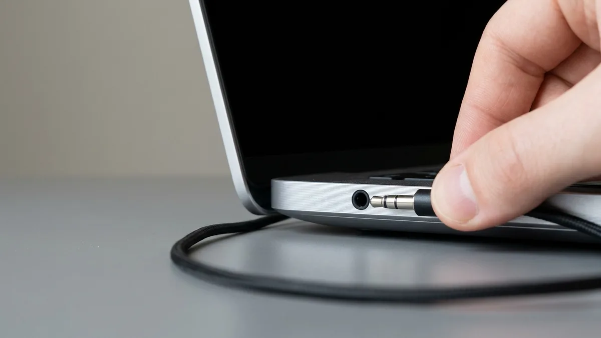 Technician's hand plugging a headphone jack into a laptop's audio port to test whether the internal speakers or the software are at fault
