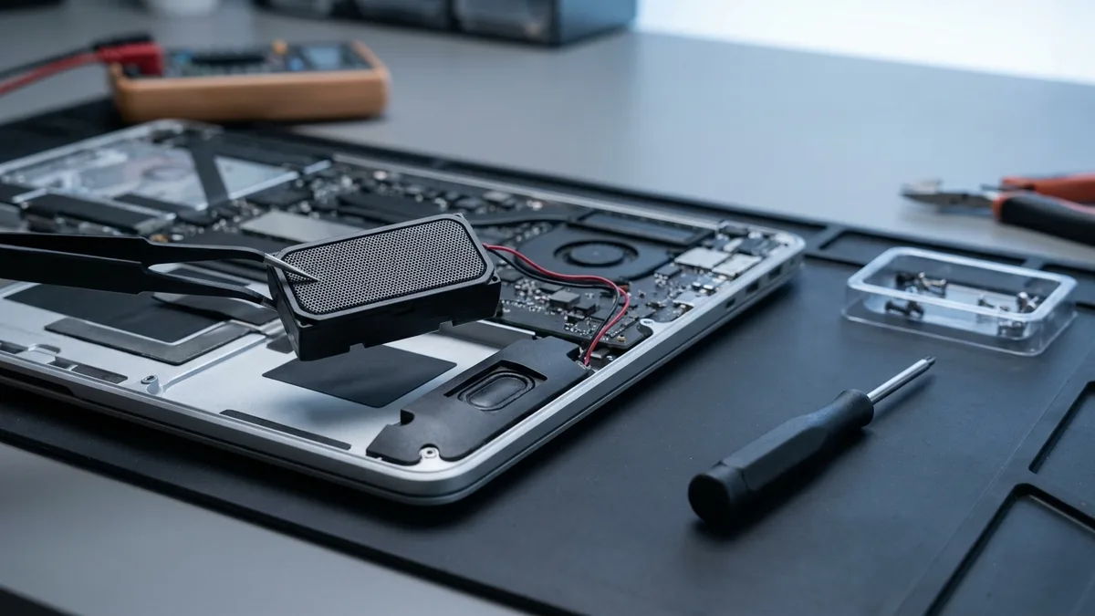 Opened laptop on a repair bench with the internal speaker module lifted clear of its housing and its thin wiring loom visible