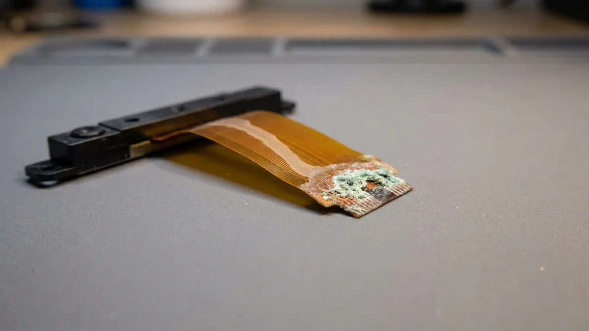 摄像头模块橙色排线与黑色摄像头小条连接处的特写：排线上斜着一道干涸的浅色液痕，末端裸露的铜触点上已长出绿白色腐蚀。