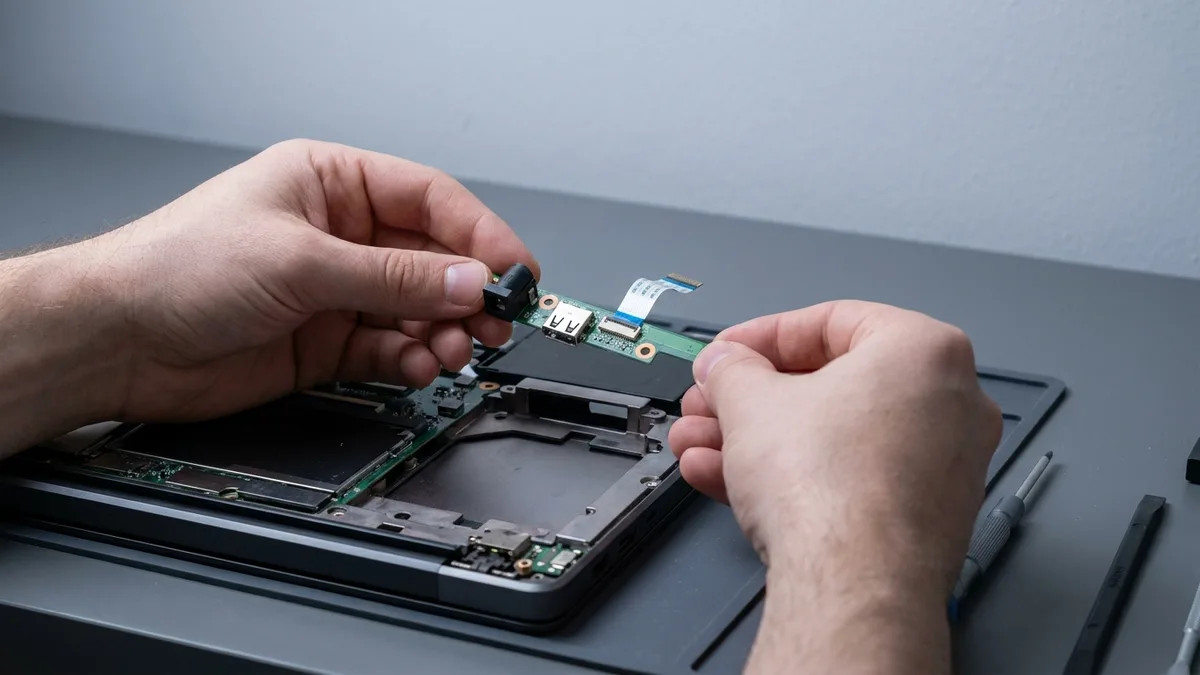A technician's hands hold a small removed laptop charging-port board, a strip of circuit board with a black barrel socket at one end, above the opened underside of a laptop where its empty socket cut-out sits.